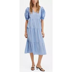 MANGO Women's Striped Cotton Midi Puff Sleeve Dress in Light Blue. Size 6 NWT